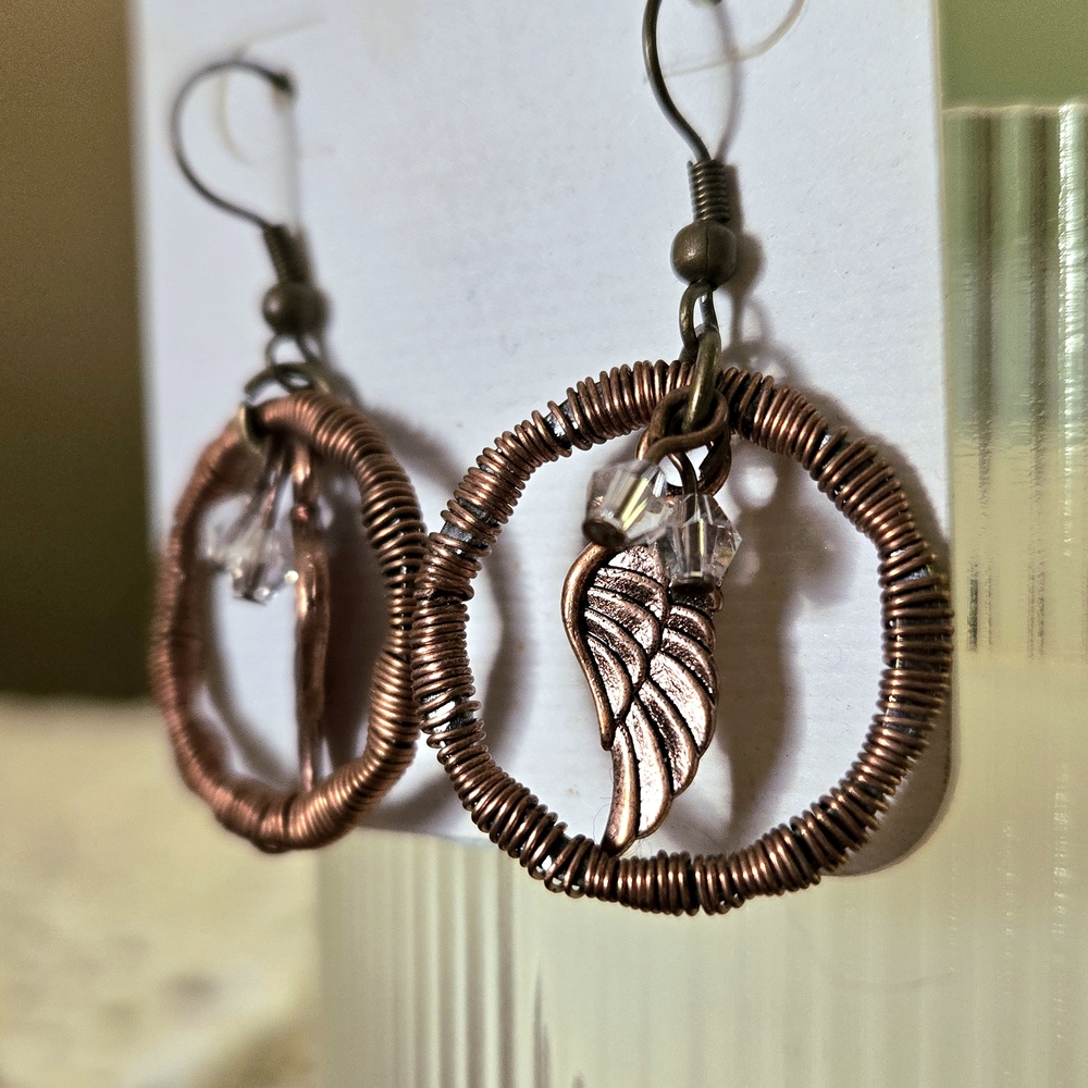 Wire-Wrapped Copper Hoop Earrings with Wing Charm
